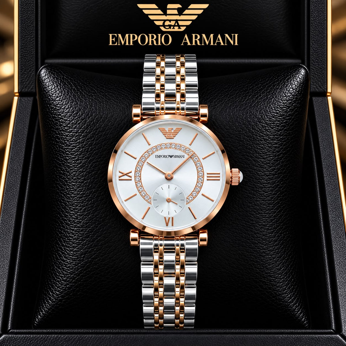 Emporio Armani White Dial Diamond Ring Detail Two-Tone Watch