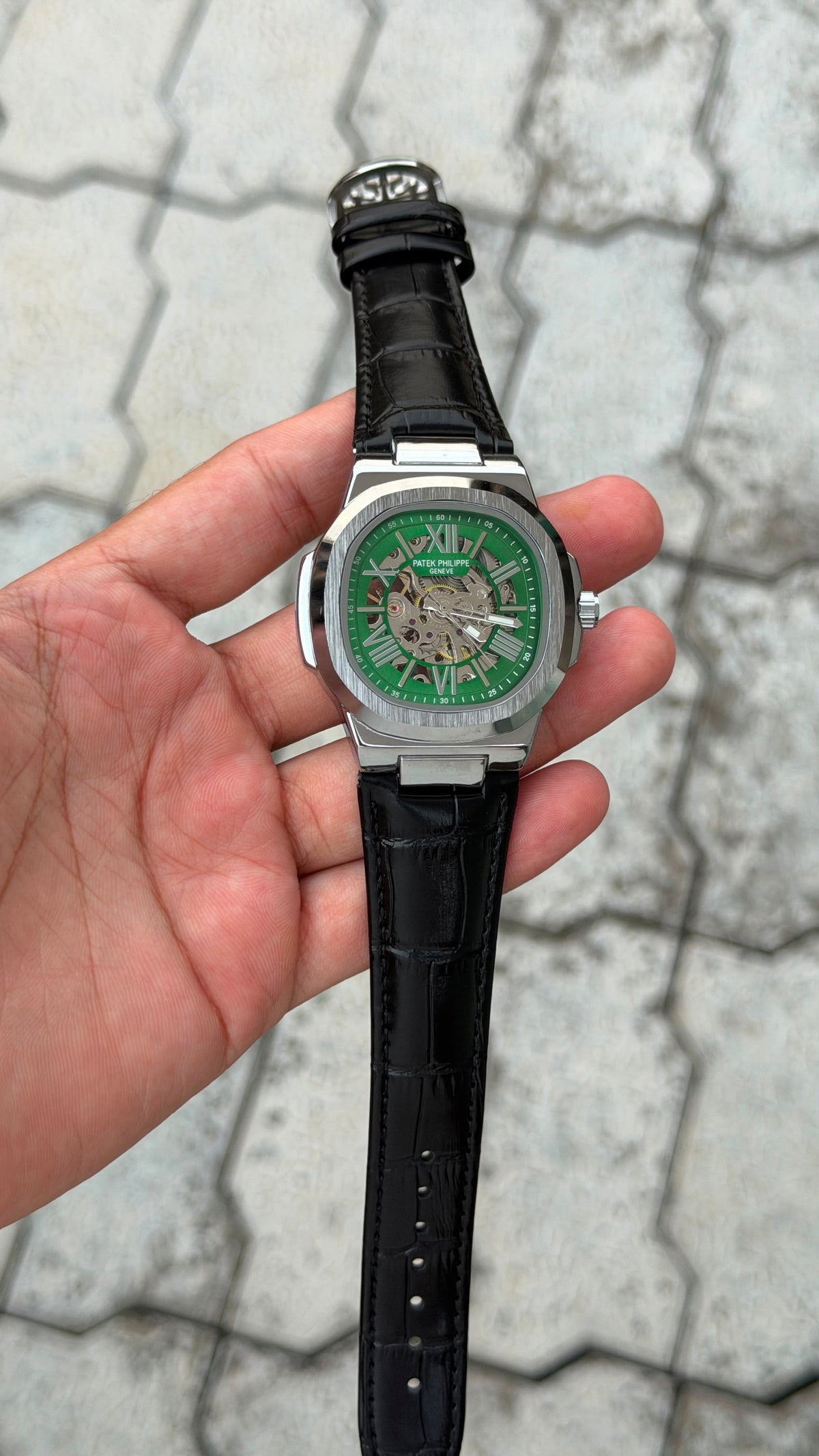 Patek Philippe Nautilus Skeleton Green Dial Automatic Luxury Watch – Silver Black Crocodile Leather Strap