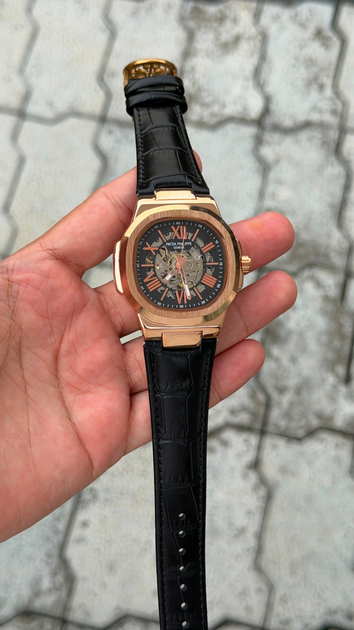 Patek Philippe Nautilus Skeleton Automatic Luxury Watch – Rose Gold Black Crocodile Leather Strap