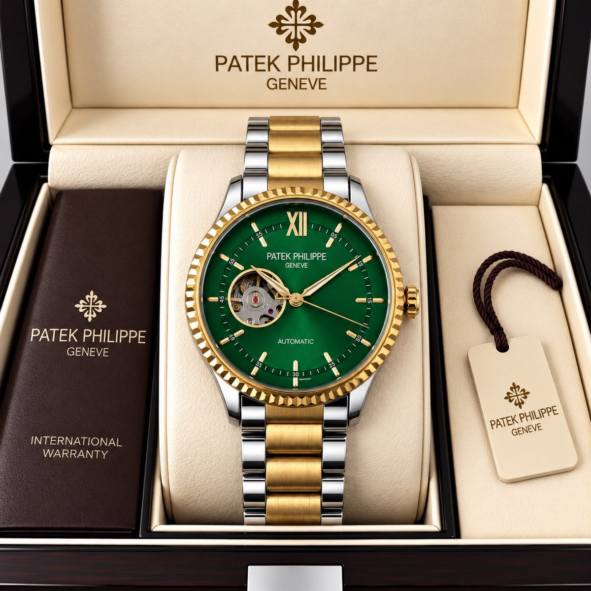 Patek Philippe Geneve Automatic Classic Luxury Watch - Green dial Two tone Belt