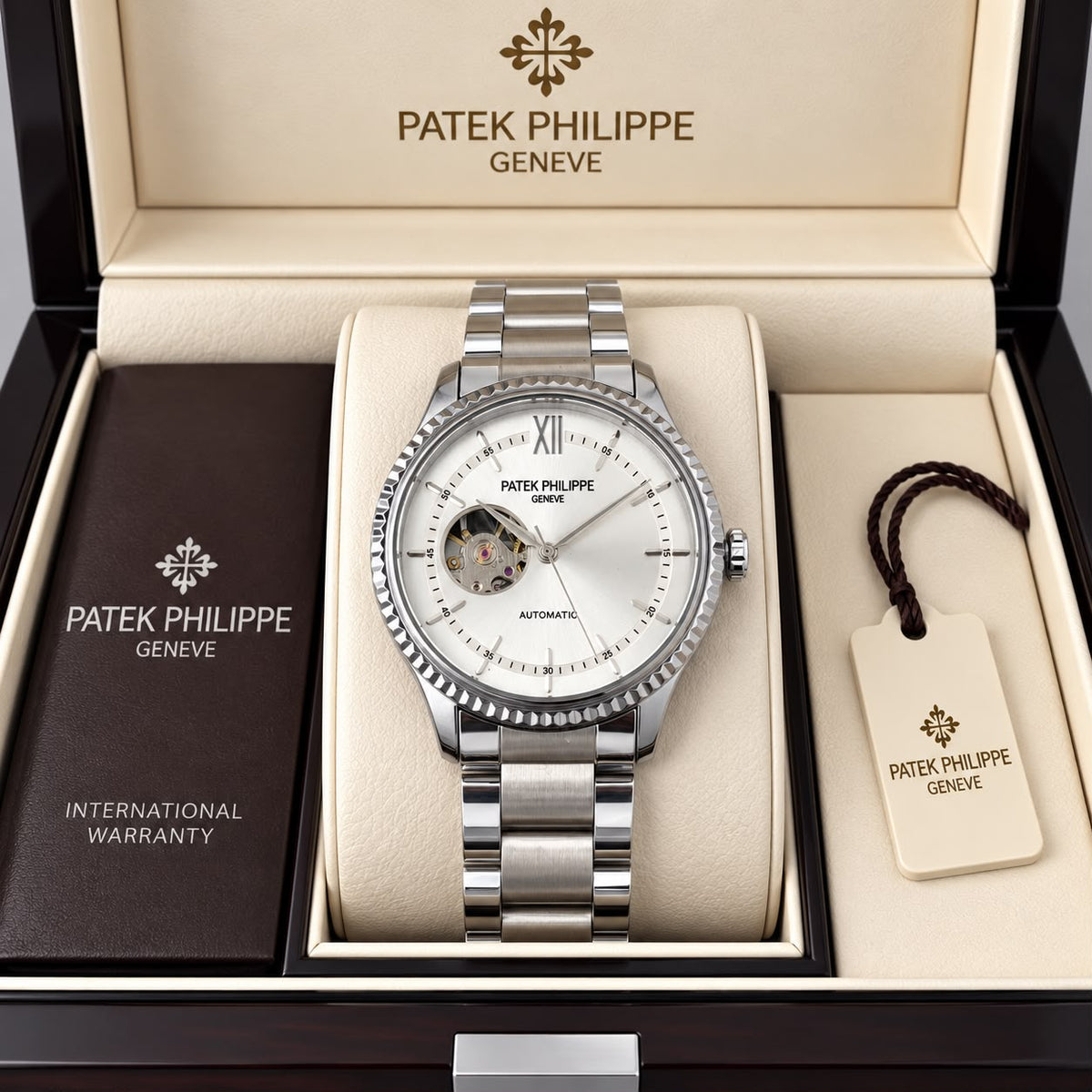 Patek Philippe Geneve Automatic Classic Luxury Watch - White Dial Silver Belt