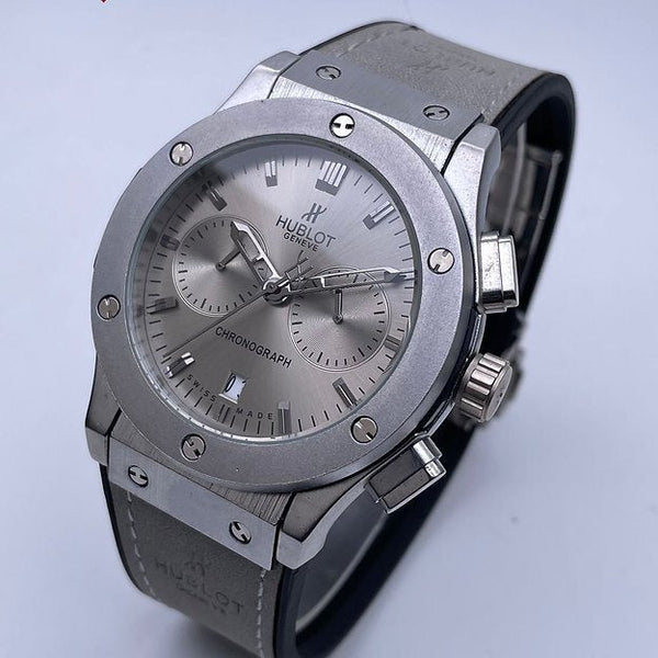 Hublot Grey Dial Chronograph Analog Quartz Leather Belt Men's Watch
