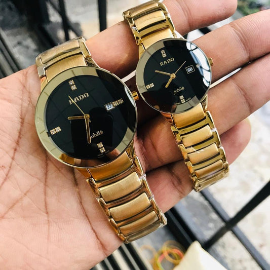 Round Luxury Premium Rado Gold Black Couple Watch