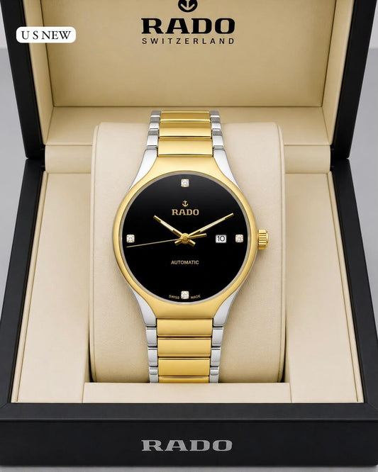 Round Luxury Premium Rado Black Gold & silver Jubile Watch