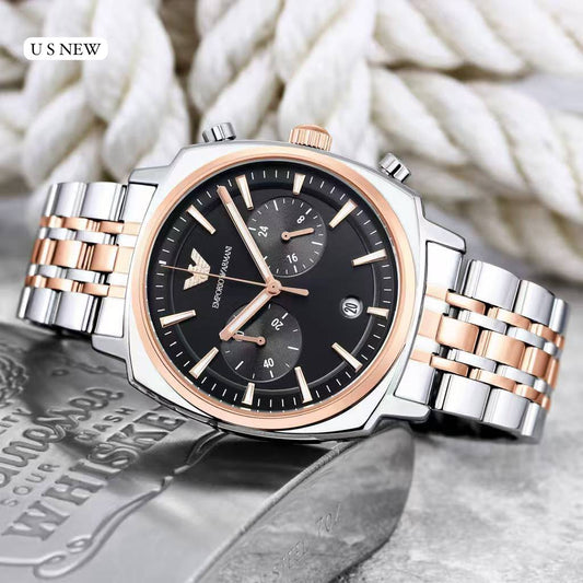 Emporio Armani Black Dial Rose Gold & Silver Two-Tone Stainless Steel Multifunction Analog Watch