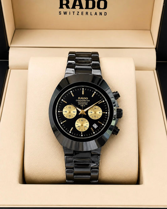 RADO Black Ceramic Chronograph – Gold Accent Dial