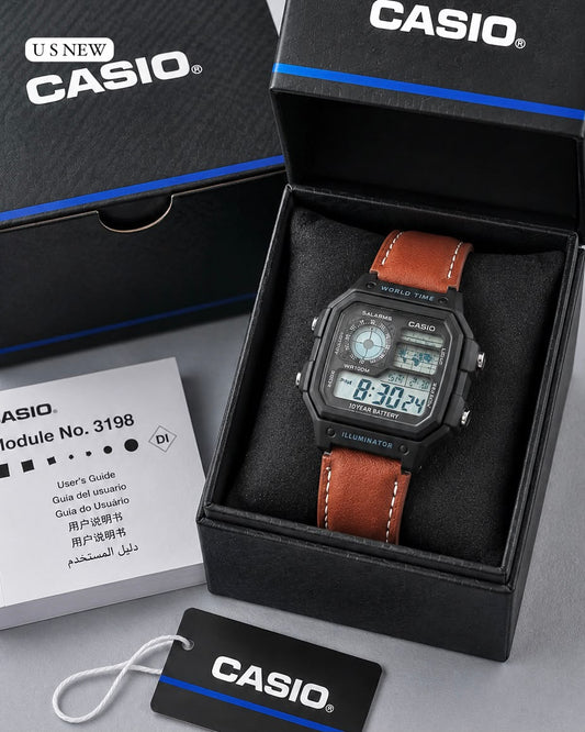Casio World Time Digital Watch – Black Case Brown Leather Strap