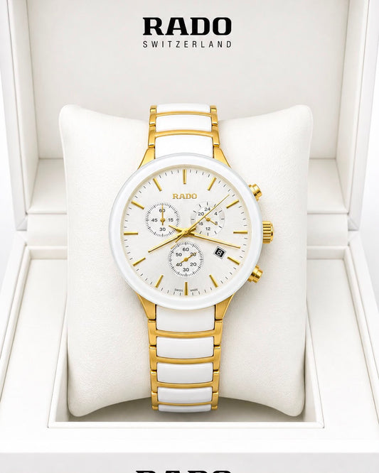 Rado White Dial Gold-Tone Stainless Steel Analog Watch