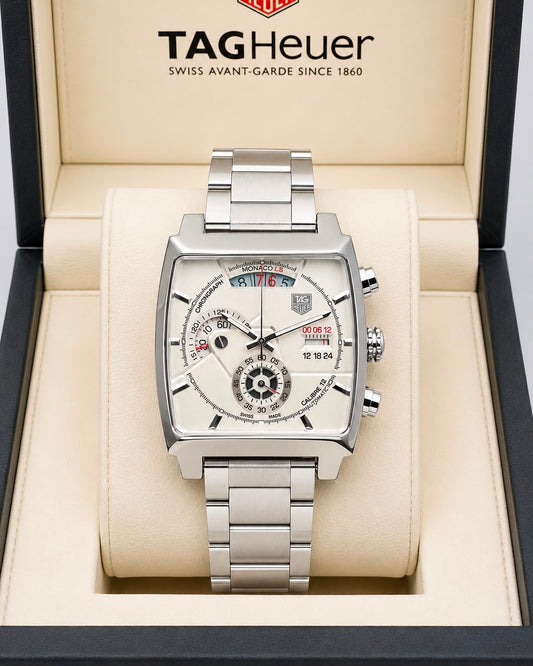 TAG Heuer Monaco Silver-Tone White Dial Stainless Steel Chronograph Watch