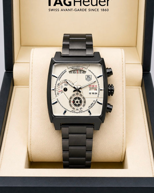 TAG Heuer Monaco Black Case White Dial Stainless Steel Chronograph Watch