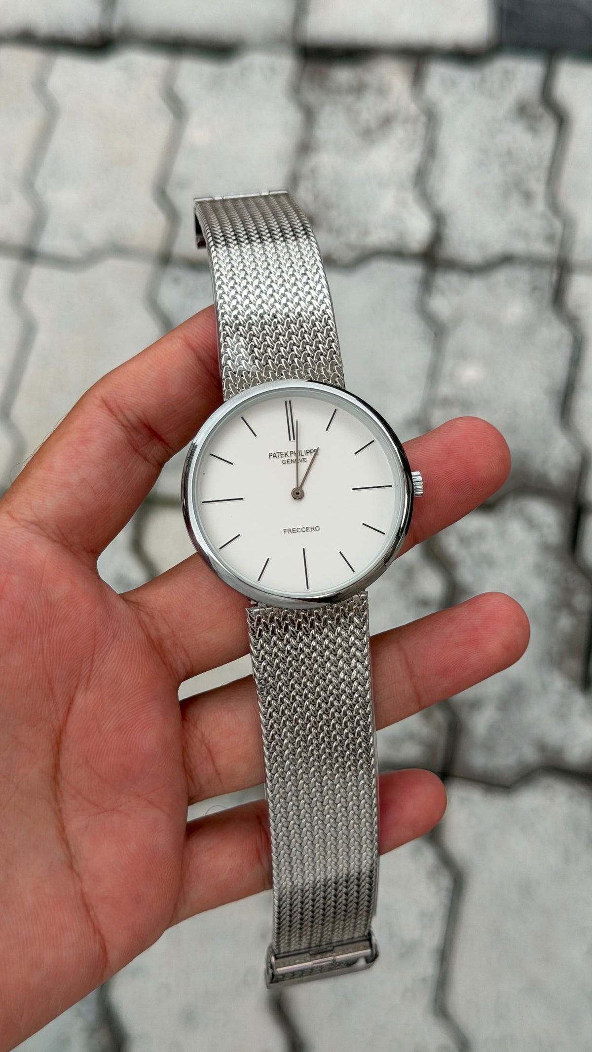 Patek Philippe Geneve Freccero White Dial Silver Mesh Watch