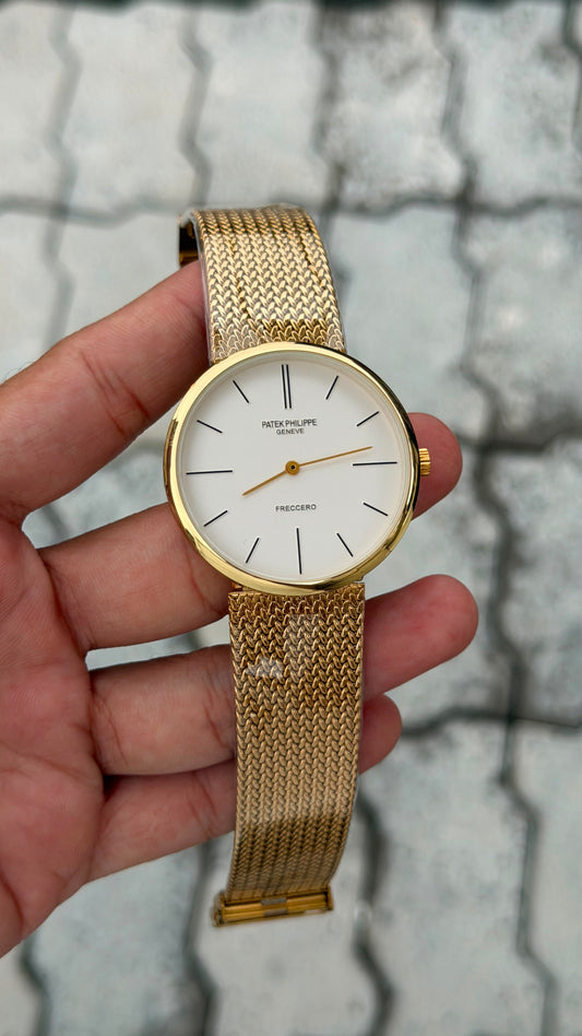 Patek Philippe Geneve Freccero White Dial Gold Mesh Watch