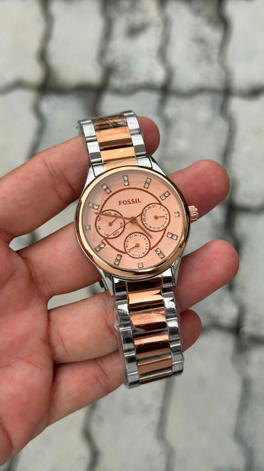 Fossil Rose Gold & Silver Stainless Steel Peach Pink Dial Watch