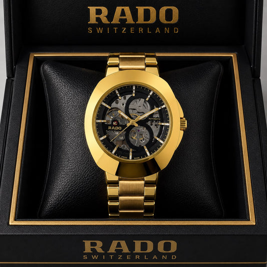 Rado DiaStar Skeleton Black Dial Gold Strap Men's Watch