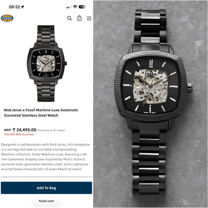Fossil Black Square Dial Skeleton Automatic Watch