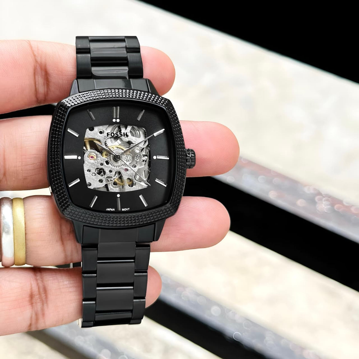 Fossil Black Square Dial Skeleton Automatic Watch