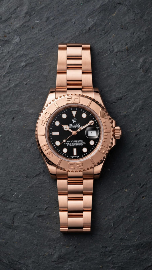 Rolex Black Dial Rose Gold Stainless Steel Yacht-Master Style Watch