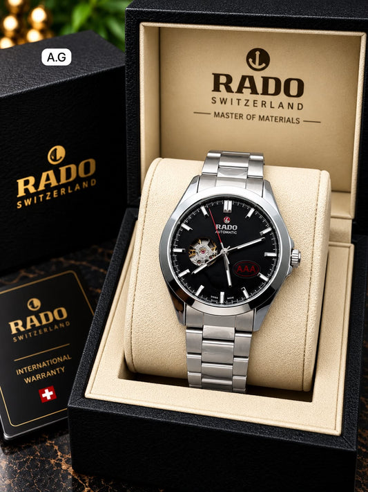 Rado Black Dial Silver Stainless Steel Automatic Open Heart Watch