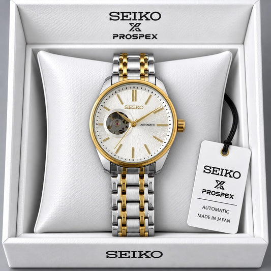Seiko White Dial Two-Tone Stainless Steel Automatic Open Heart Watch
