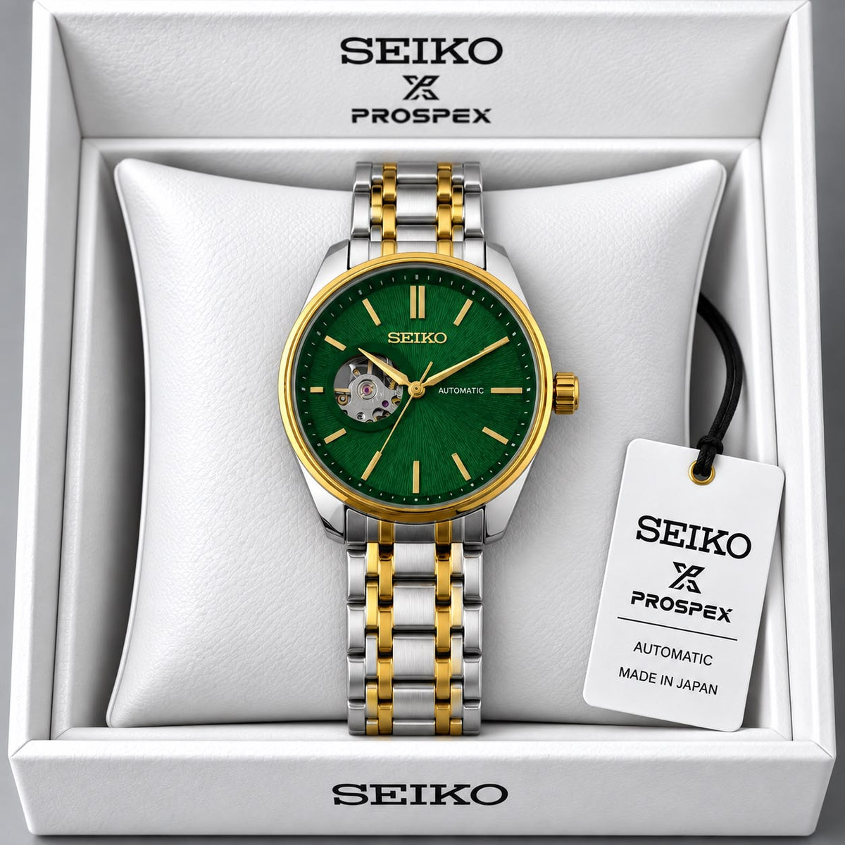 Seiko Green Dial Two-Tone Stainless Steel Automatic Open Heart Watch