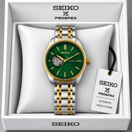 Seiko Green Dial Two-Tone Stainless Steel Automatic Open Heart Watch