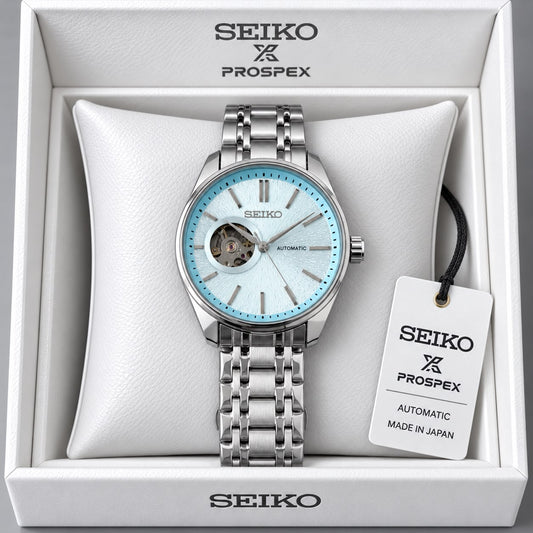 Seiko Light Blue Dial Stainless Steel Automatic Open Heart Watch