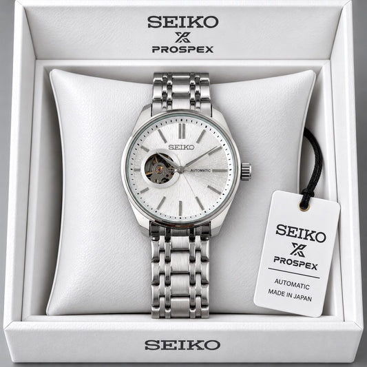 Seiko White Dial Stainless Steel Automatic Open Heart Watch