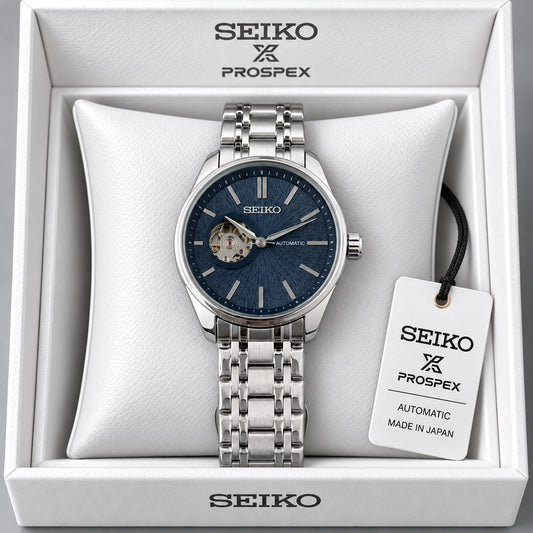 Seiko Blue Dial Stainless Steel Automatic Open Heart Watch