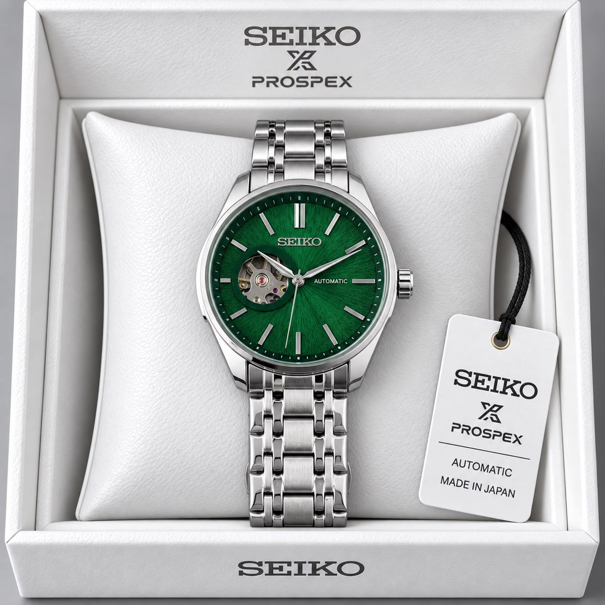 Seiko Green Dial Stainless Steel Automatic Open Heart Watch