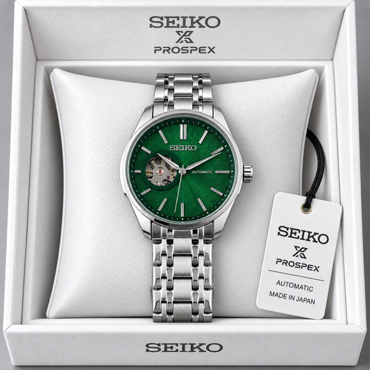 Seiko Green Dial Stainless Steel Automatic Open Heart Watch
