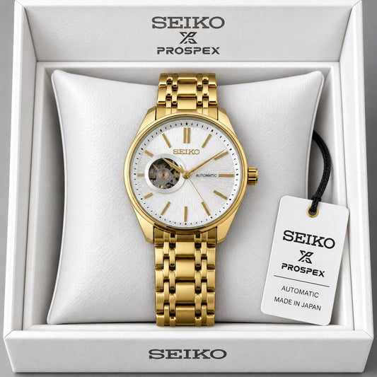 Men's White Dial Golden Champagne Dial Stainless Steel Automatic Open Heart Watch