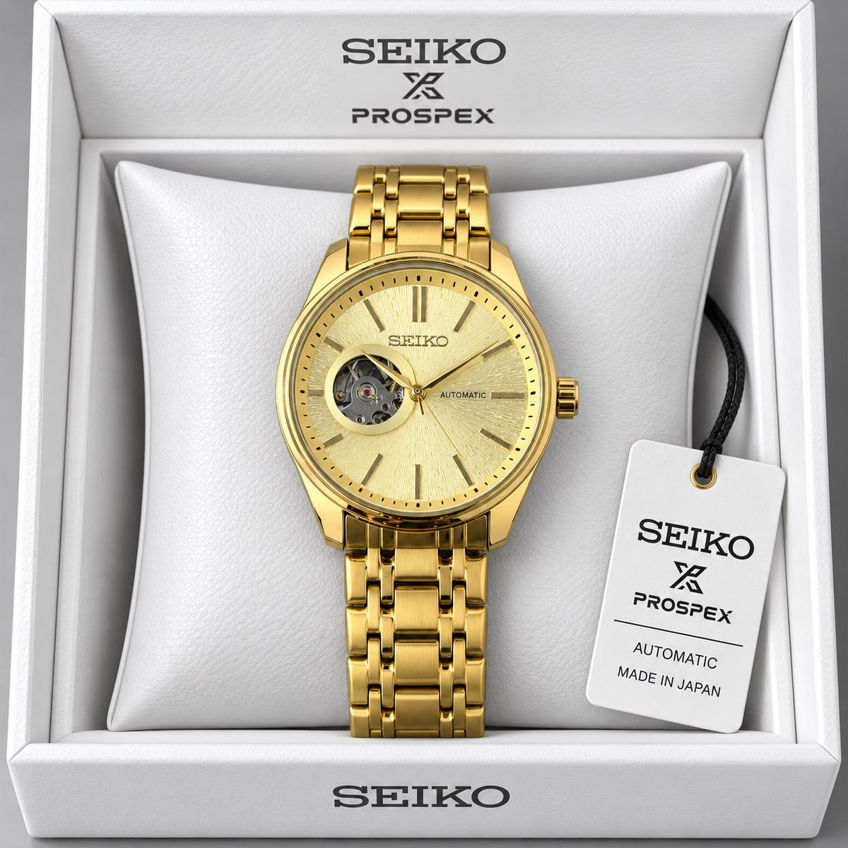 Men's Golden Champagne Dial Stainless Steel Automatic Open Heart Watch