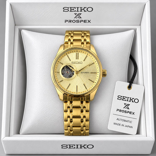 Men's Golden Champagne Dial Stainless Steel Automatic Open Heart Watch