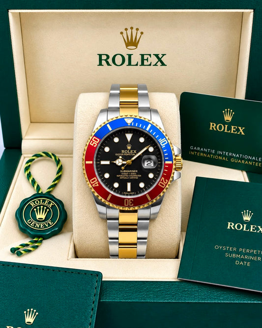 Rolex Submariner Black Dial Blue & Red Bezel Two-Tone Watch