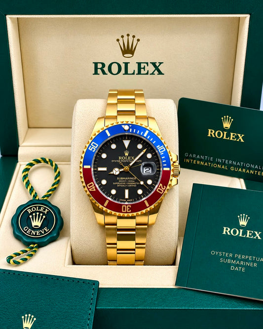 Rolex Submariner Black Dial Blue & Red Bezel Gold Watch