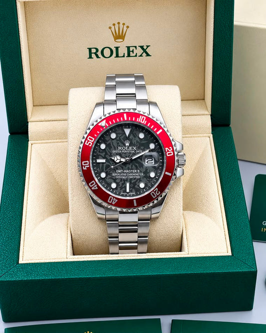 Rolex Submariner Black Dial Red Bezel Silver Watch