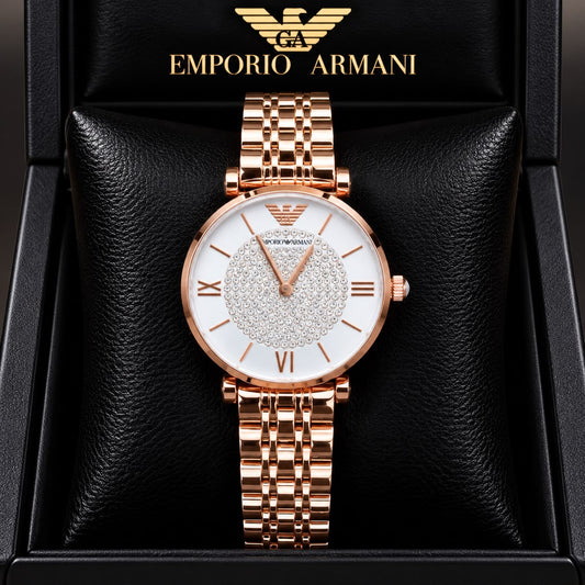 Emporio Armani Women’s White Dial Crystal-Studded Rose Gold Watch