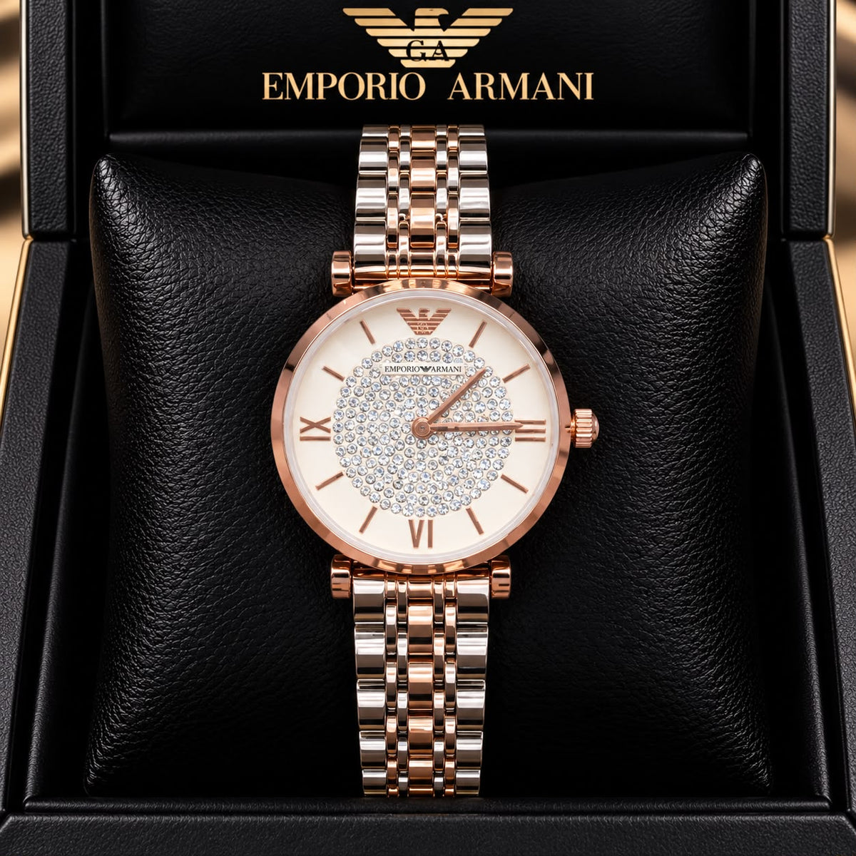 Emporio Armani Beige Dial Crystal-Studded Two-Tone Watch