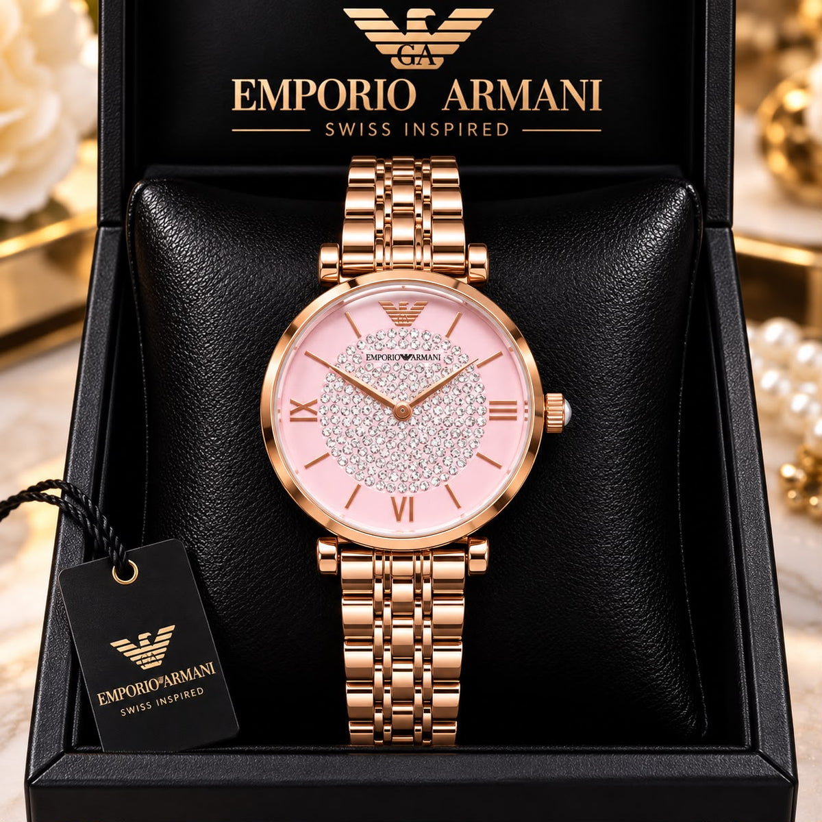 Emporio Armani Women’s Pink Dial Crystal-Studded Rose Gold Watch