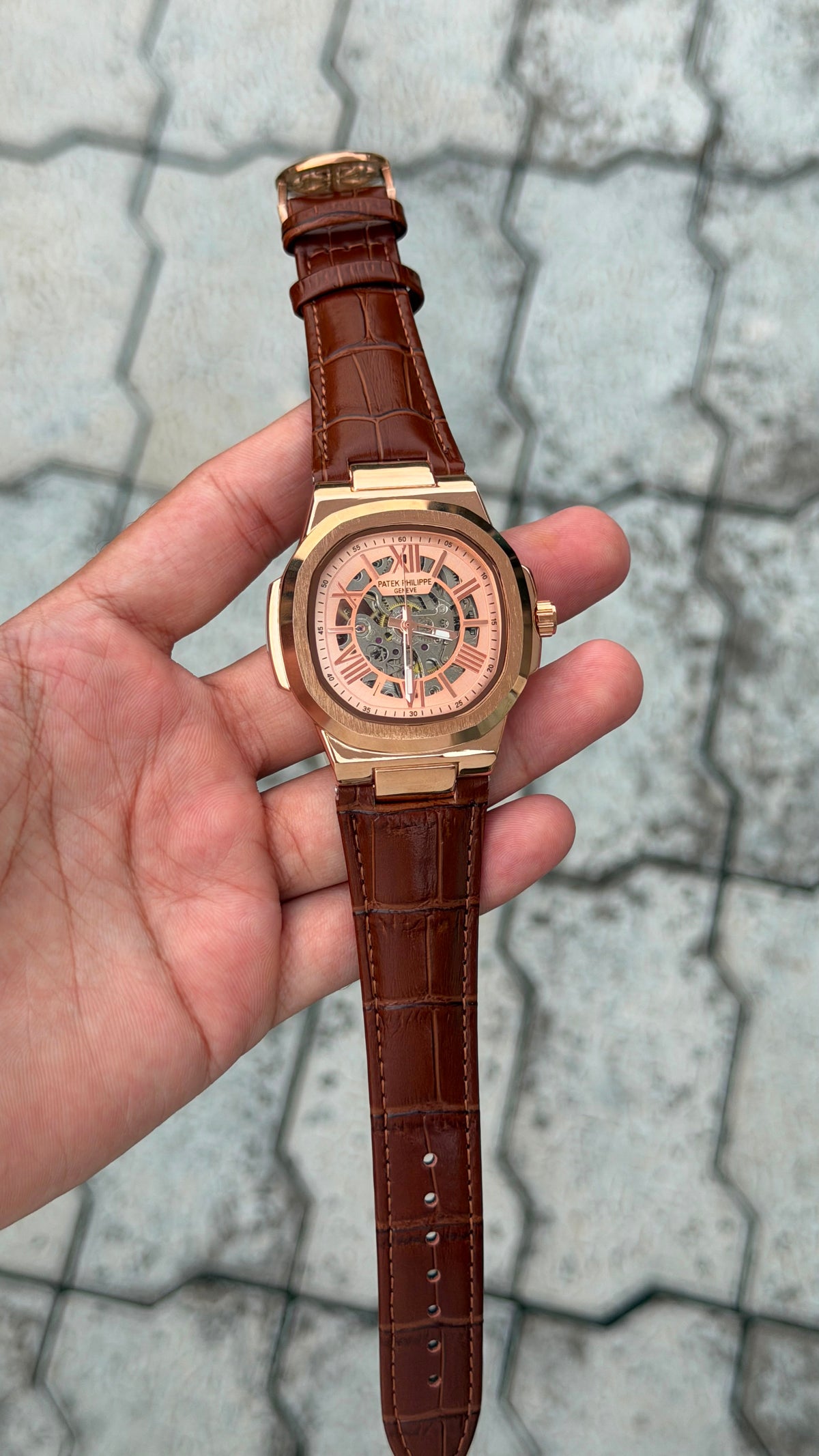 Patek Philippe Nautilus Skeleton Peach Dial Automatic Luxury Watch – Rose Gold Brown Crocodile Leather Strap