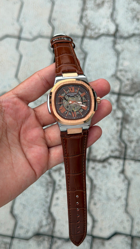 Patek Philippe Nautilus Skeleton Automatic Luxury Watch – Rose Gold Brown Crocodile Leather Strap
