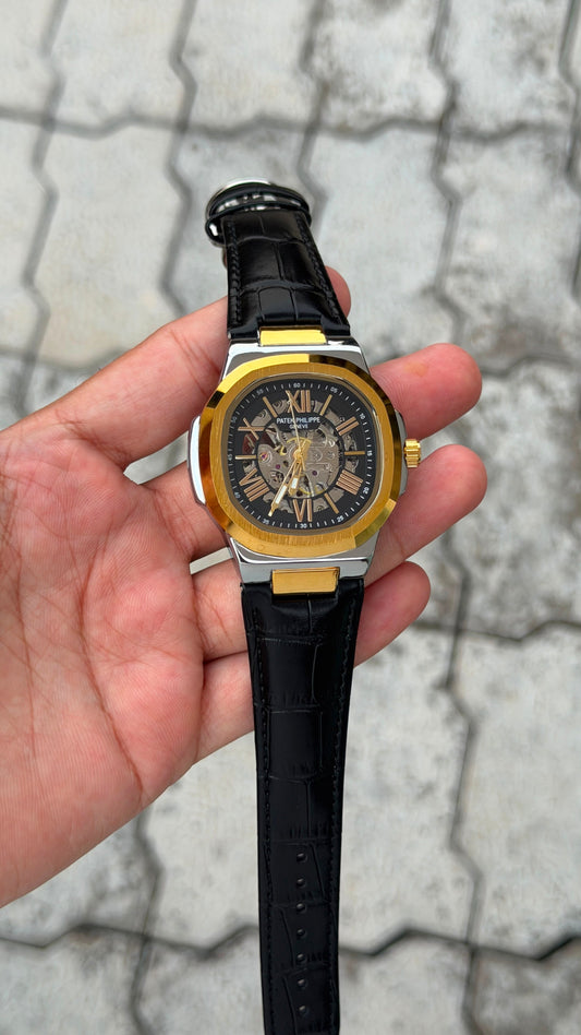 Patek Philippe Nautilus Skeleton Automatic Luxury Watch – Golden Black Crocodile Leather Strap (Copy)