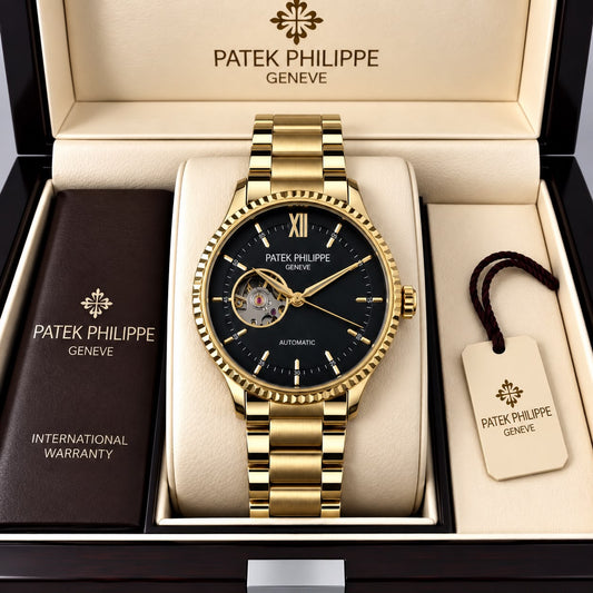 Patek Philippe Geneve Automatic Classic Luxury Watch - Black dial Gold Belt