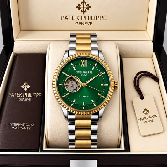 Patek Philippe Geneve Automatic Classic Luxury Watch - Green dial Two tone Belt
