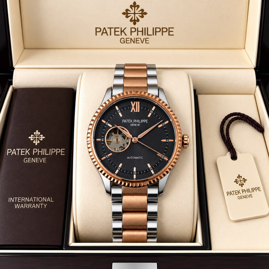 Patek Philippe Geneve Automatic Classic Luxury Watch - Black dial Two tone Belt