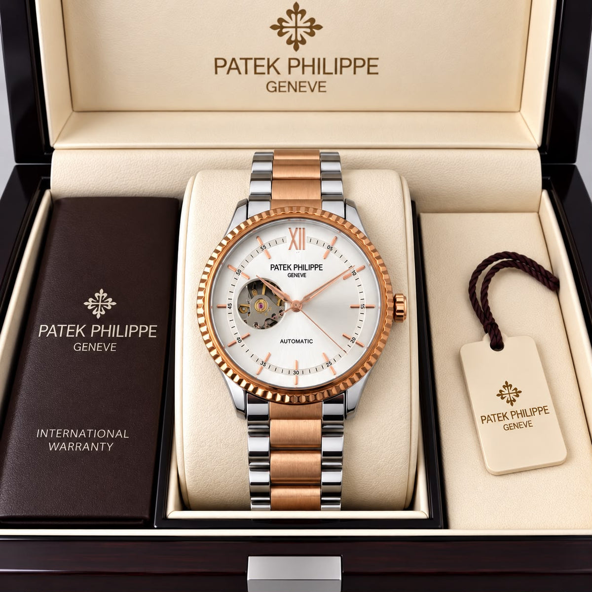 Patek Philippe Geneve Automatic Classic Luxury Watch - White dial Two tone Belt