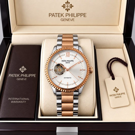 Patek Philippe Geneve Automatic Classic Luxury Watch - White dial Two tone Belt