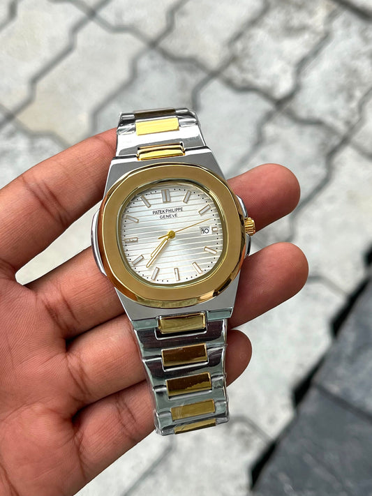Patek Philippe White Dial Two-Tone Gold Stainless Steel Nautilus Watch