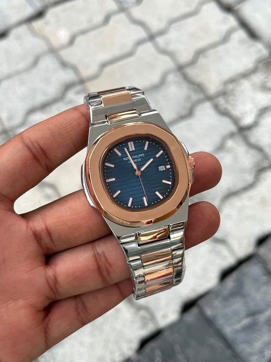 Patek Philippe Blue Dial Two-Tone Rose Gold Stainless Steel Nautilus Watch