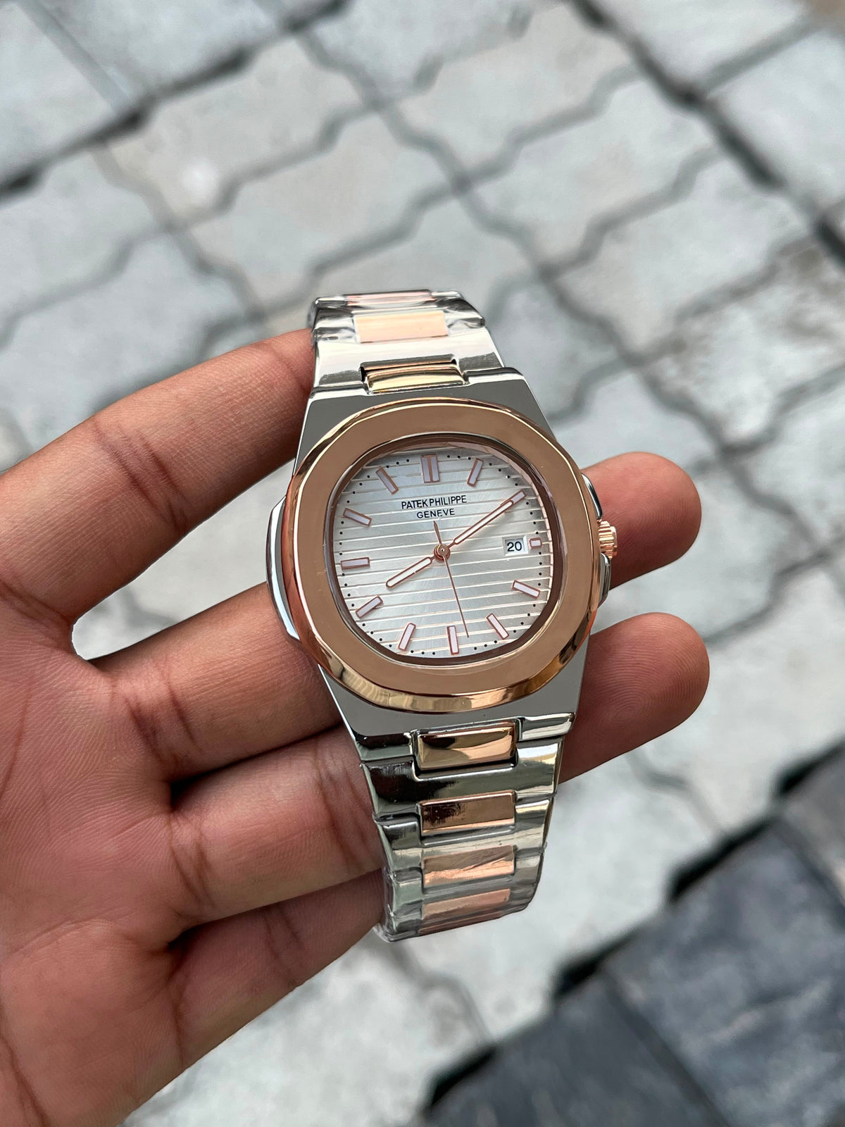 Patek Philippe White Dial Two-Tone Rose Gold Stainless Steel Nautilus Watch